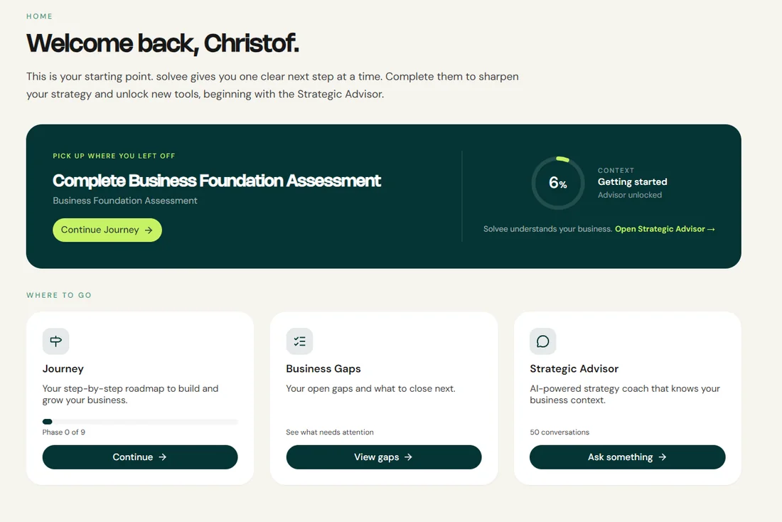 The solvee home screen with your next step and business context progress
