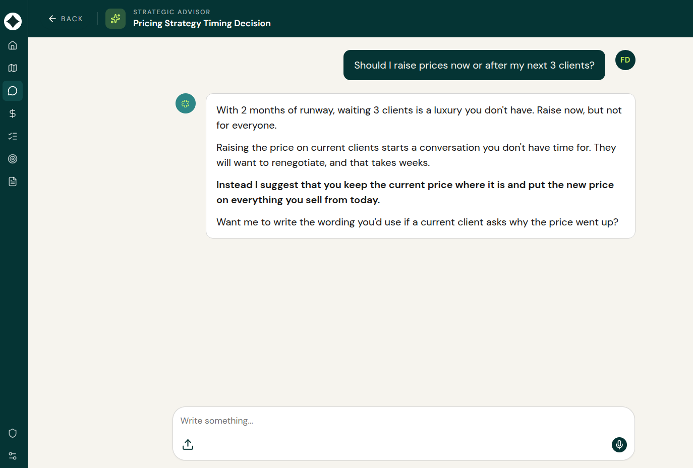 solvee Strategic Advisor chat showing a pricing strategy timing decision